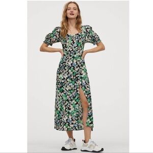 H&M Floral Midi Dress sz L in Green and Black ditsy pattern puffy sleeves
